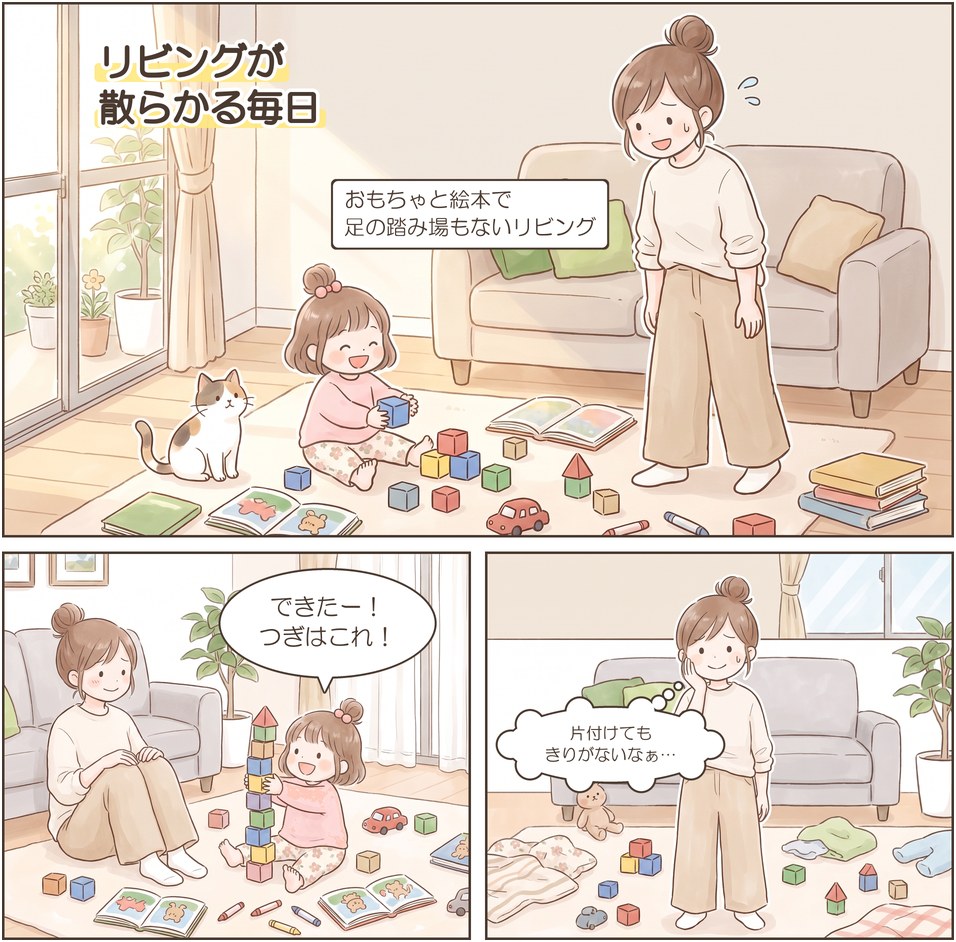 漫画1ページ目：おもちゃと絵本が床に広がるリビングで遊ぶむすめと、困り顔のママ