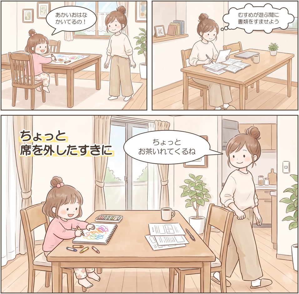 漫画2ページ目：ダイニングテーブルでお絵かきするむすめと、書類を広げるママ