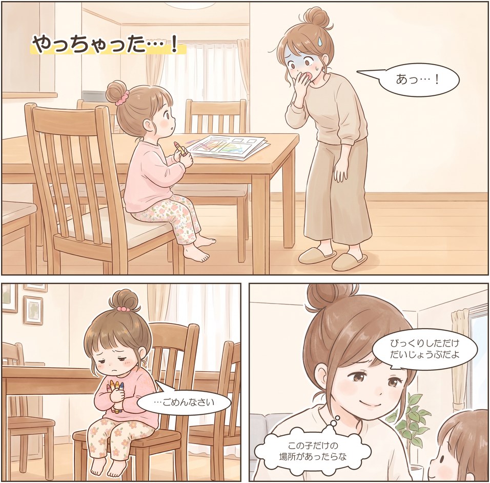 漫画3ページ目：ママの書類にらくがきしてしまい、しょんぼりするむすめと、声をかけるママ