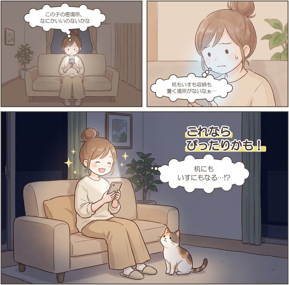漫画4ページ目：夜、ソファでスマホを見ながら、むすめの場所を探すママ