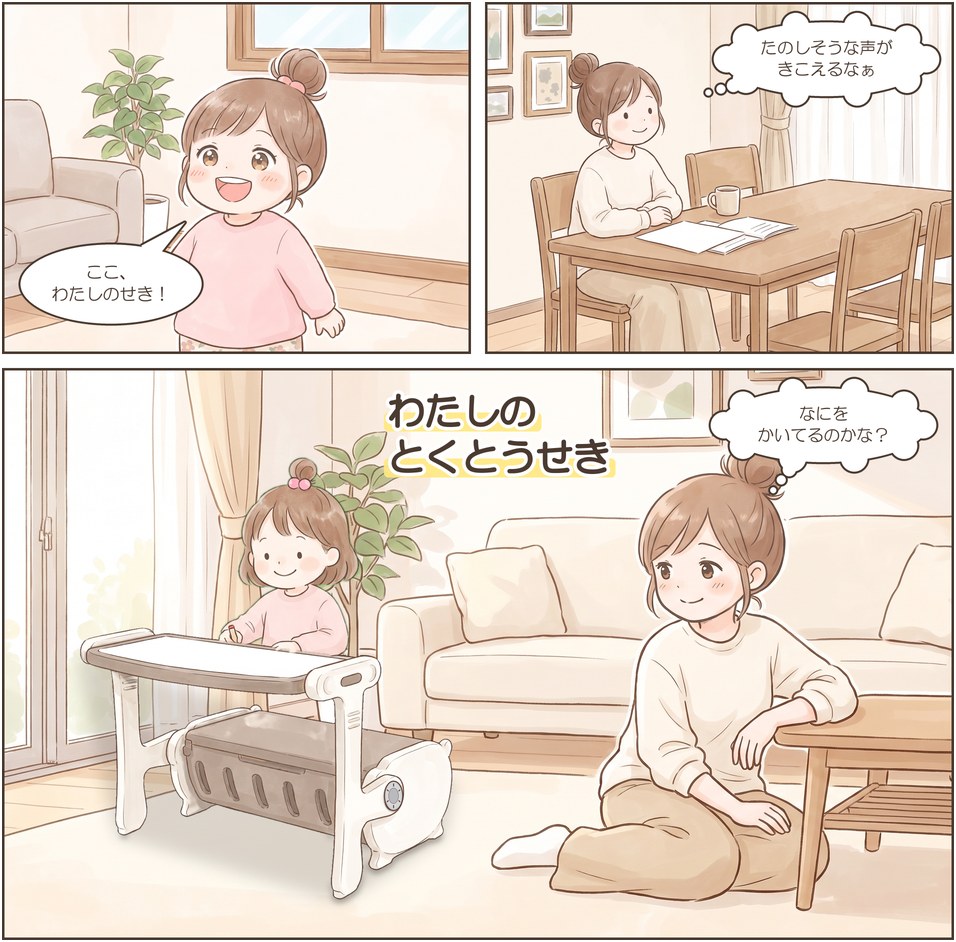 漫画7ページ目：モンテデスクに座ってお絵かきするむすめと、見守るママ