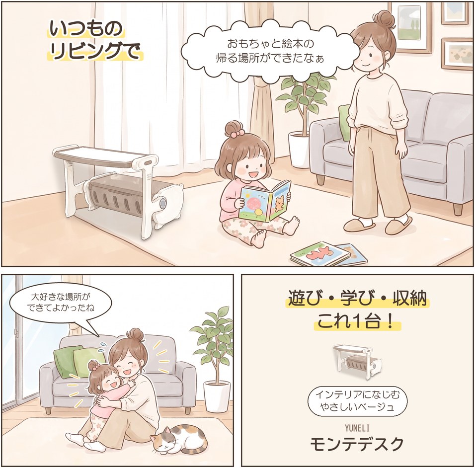 漫画8ページ目：いつものリビングで絵本を読むむすめと、抱き合う親子