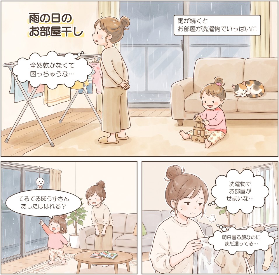 漫画1ページ目：雨の日、部屋干しの洗濯物が乾かず困るママ