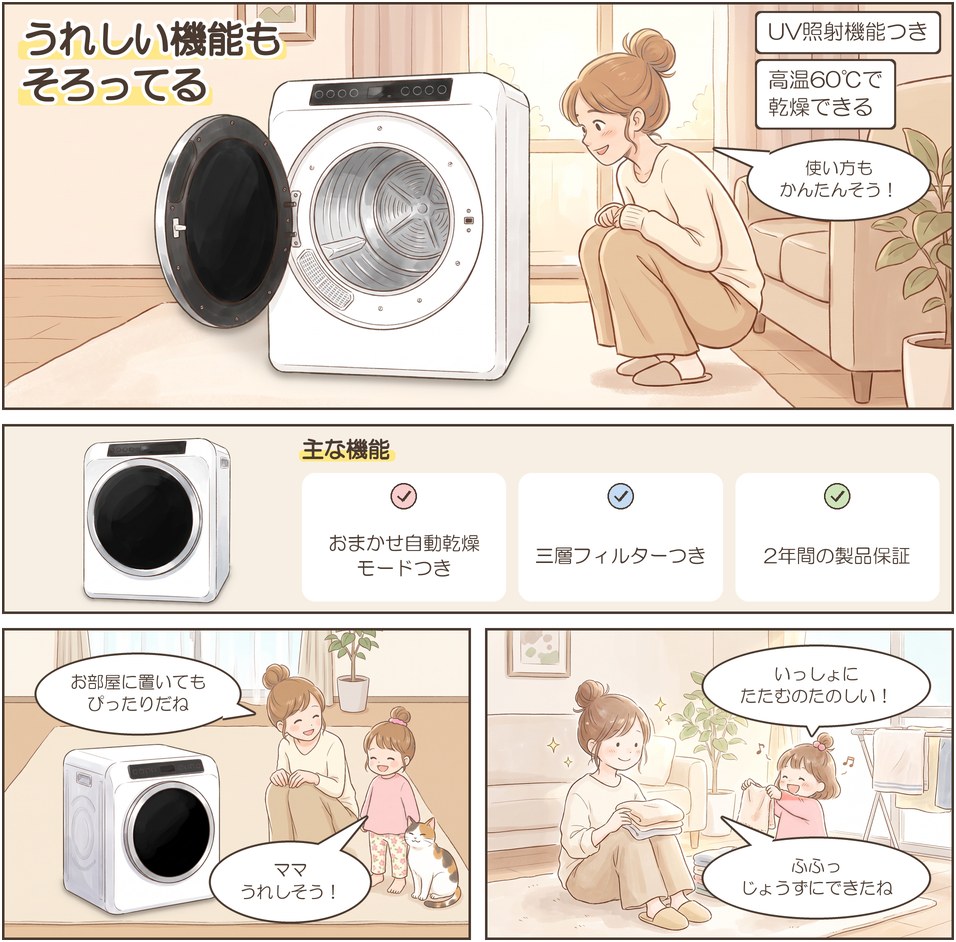漫画3ページ目：moondry 6kg proの主な機能（UV照射機能・高温60℃・おまかせ自動乾燥モードなど）